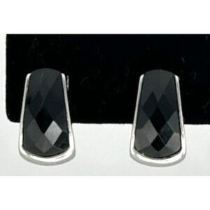 Vtg HMN Clip On Earrings Beaded Dome Retro Button Two Tone Black Silver Tone 90s